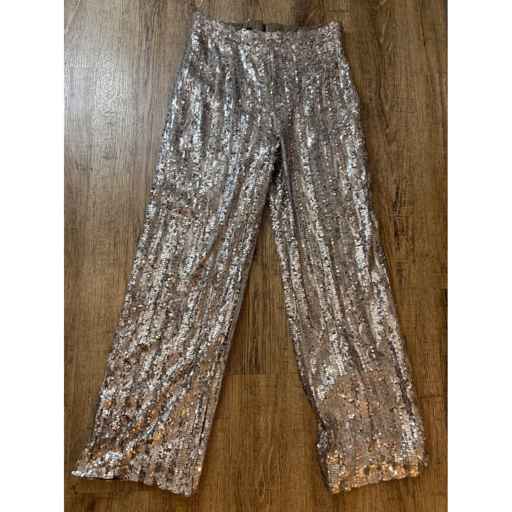 VICI Silver Sequin Wide Leg Pants High Rise Party Trousers Medium